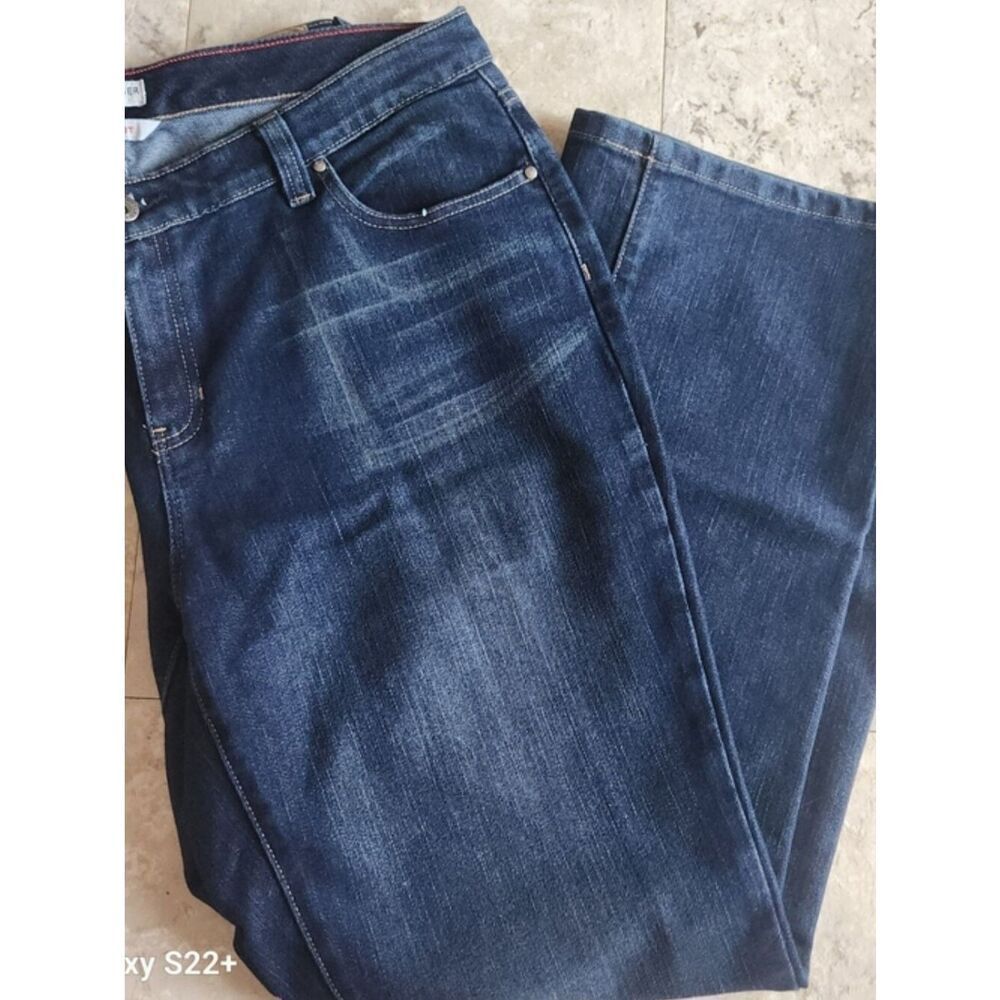3 Tommy Hilfiger Women’s Navy Straight Leg Jeans with Tan Leather Patch Sz 16
